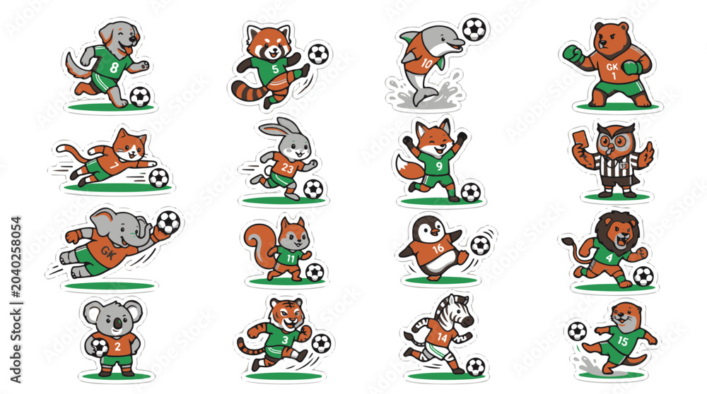 Obraz premium Cute Cartoon Animal Characters Playing Soccer in Sports Uniforms