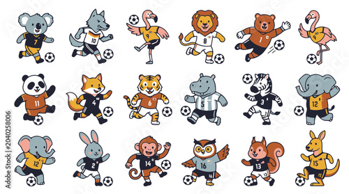 Canvas Print Cute Cartoon Animals Playing Soccer in Colorful Uniforms