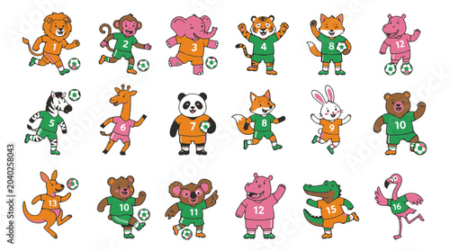 Photography Cute Cartoon Animals Playing Soccer with Balls on Transparent Background