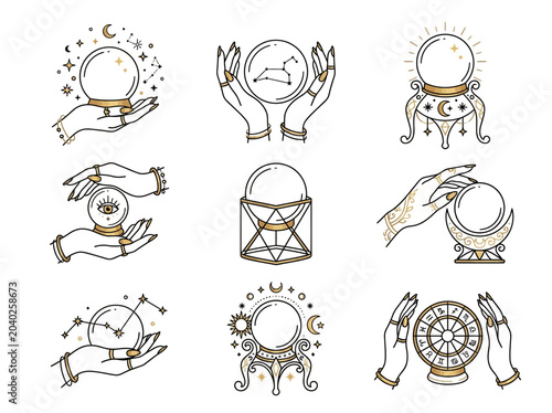 Принти на полотні Mystical Crystal Ball and Hand Icons Set: Esoteric Magic, Astrology, and Divinat
