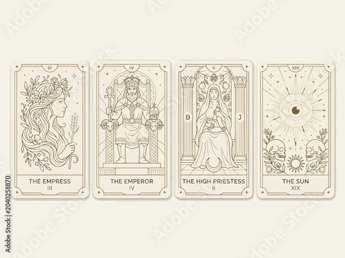 Minimalist Tarot Card Line Art Illustration Set - The Empress, Emperor, High Priestess, and The Sun
