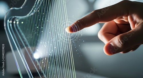 Fine-tuning a strategy or system. A close-up of a finger 'tuning' the strings of a holographic 'harp', representing the fine-tuning of a system for perfect harmony.