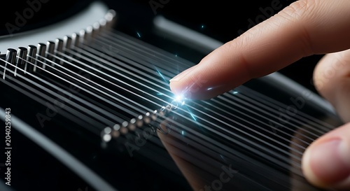 Fine-tuning a strategy or system. A close-up of a finger 'tuning' the strings of a holographic 'harp', representing the fine-tuning of a system for perfect harmony.