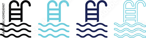 Set of swimming pool ladder and water wave vector icons isolated on white background