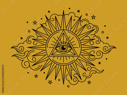 Tableau sur toile All-Seeing Eye of Providence with Radiant Sun and Celestial Clouds, Occult Esote