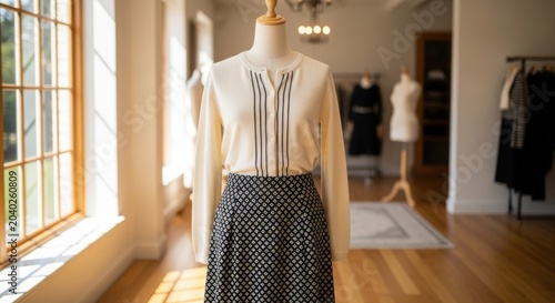 Mannequin in clothing store with white blouse and black skirt