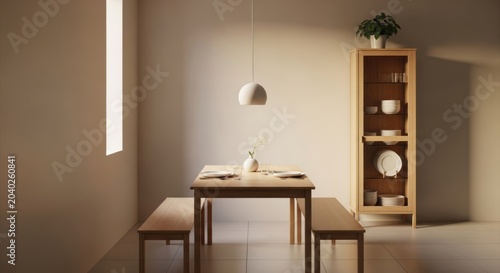 Minimalist dining room with wooden table and benches