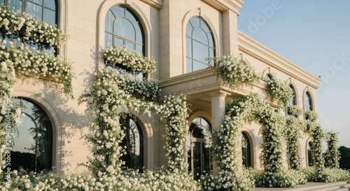 luxury villa with white flowers and greenery