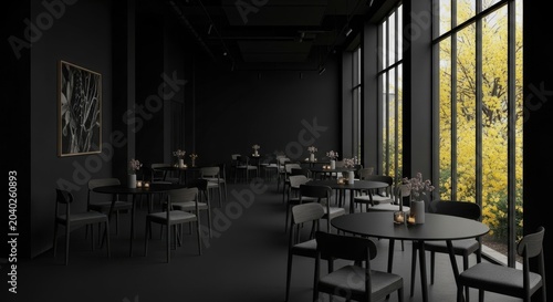 Modern dark restaurant interior with tables and chairs