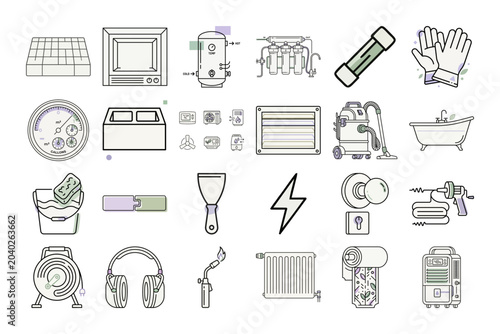Home Improvement Tools Outline Icons or Home Renovation Equipment Linear Symbols