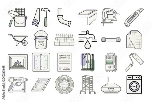 Home Improvement Tools Thin Line Icons or Home Renovation Equipment Outline Icons