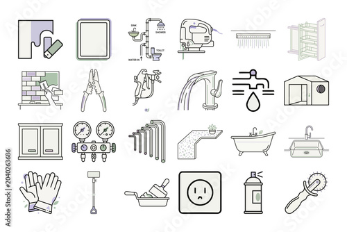 Home Remodel Icons Set or House Renovation Outline Graphics