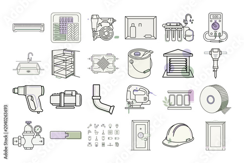 Home Renovation Equipment Line Art Icons or Outline Home Repair Tools and Supplies Icon Set
