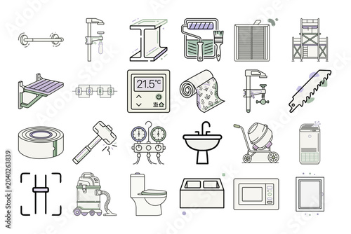 Home Renovation Line Art Icons or Construction Equipment Outline Style Icons