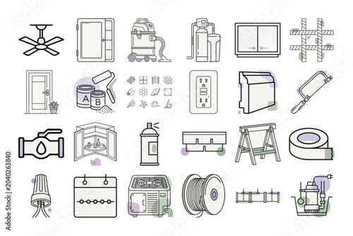 Home Renovation Line Art Icons or DIY Home Improvement Minimalist Icons