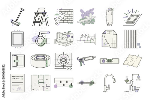Home Renovation Line Art Icons or Minimalist Home Improvement Tool Graphics