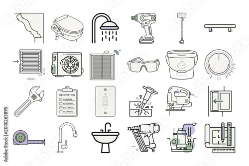 Home Renovation Line Art Icons Set or Home Improvement Outline Vector Icons