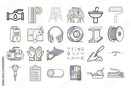 Home Renovation Line Icons or Minimalist Home Improvement Pictograms