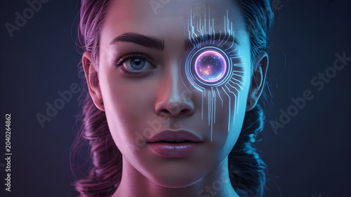 Portrait of young woman with high-tech digital circuitry overlay on face circuitry technology portrait cybernetic interface futuristic synthetic electronic
