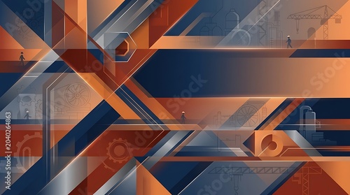 Geometric industrial background, with orange, blue, and gray shapes, industrial
