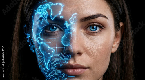 Close-up portrait of woman with holographic world map scanning on her face hologram technology scanning biometric interface identity cybernetic security analysis