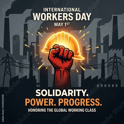 International workers day poster with fist holding safety helmet, industrial background labor