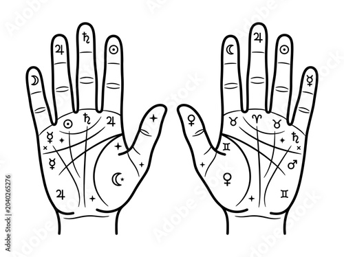 Fotografija Palmistry and Chiromancy Vector Illustration with Astrology Symbols, Planetary S