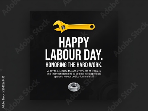 Labour day poster with wrench and nut, black background, white and yellow text happy