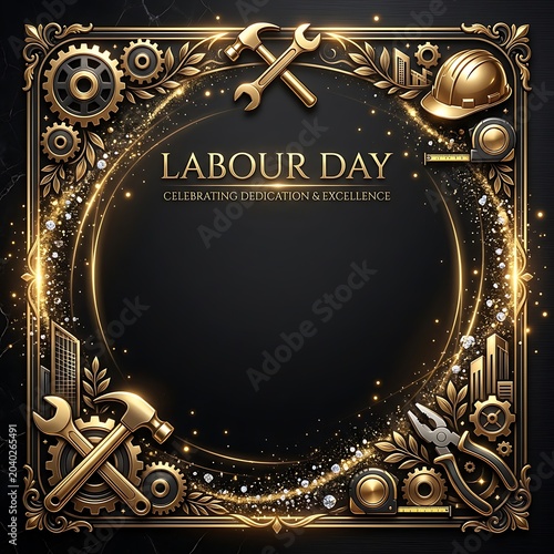 Labour day background, with gold tools, gears, and hard, hat on black, celebration dedication