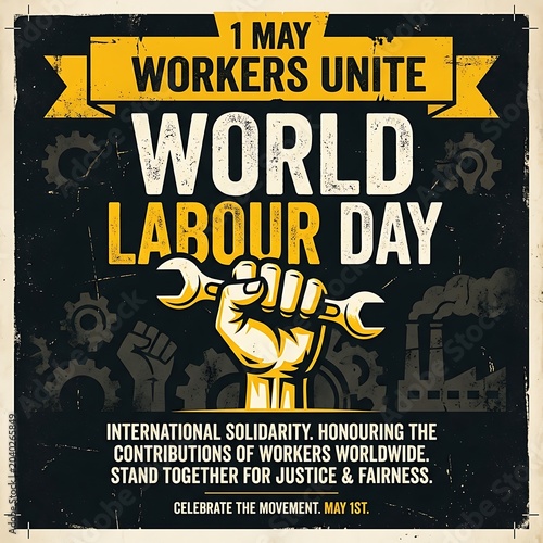 Vintage labour day poster with fist holding wrenches workers unite