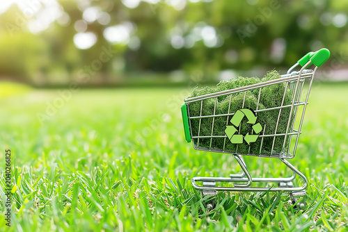 A shopping cart filled with plants and a recycle sign