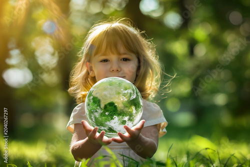 A little girl holding a globe in her hand