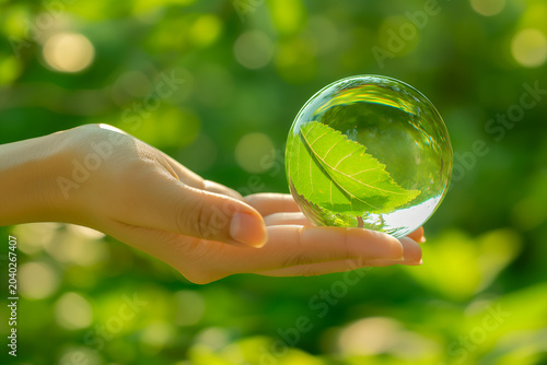 A hand holding a clear glass ball with a leaf inside