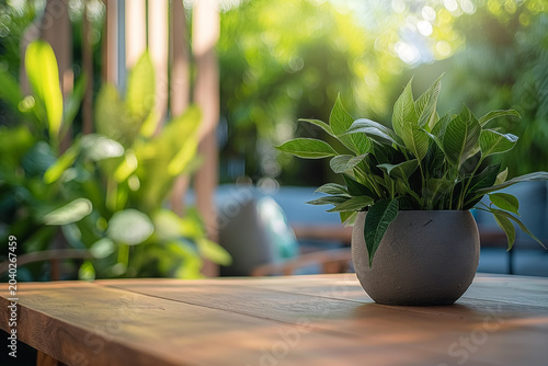 A potted plant sits on a wooden table