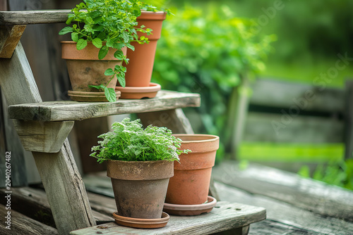 A wooden bench with a few potted plants on it