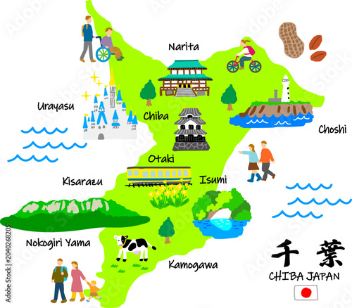 千葉旅行、手描きの観光スポットと観光客フラットイラスト