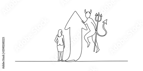 Schilderij op canvas Businesswoman facing devil on rising arrow, concept of temptation or risk in suc