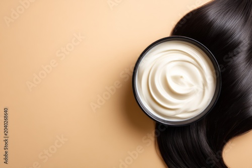 Creamy Hair Treatment Mask with Smooth Hair Strands on a Soft Peach Background for Healthy Hair Care
