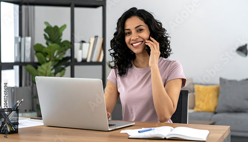 Smiling woman talking on the phone while working on a laptop at a desk in a home office setting, conveying remote work and communication