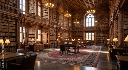 Grand Historic Library Interior with Wooden Shelves and Antique Decor