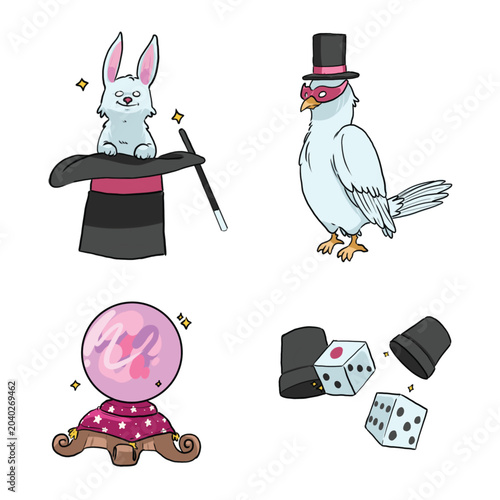 Magic Show Cartoon Illustration Set with Rabbit, Magician Bird, Crystal Ball, Top Hat, and Dice