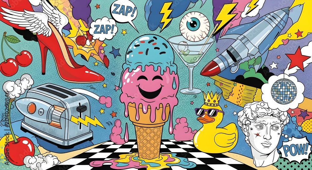 Obraz premium Vibrant collage mixing glossy materials with ice cream and quirky objects