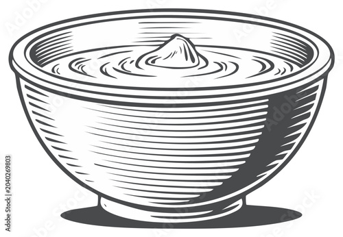 Classic engraved style drawing of a rustic serving bowl filled with creamy sauce or dip