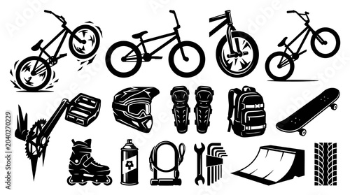 Black and White BMX Bicycle and Extreme Sports Gear Icons Set