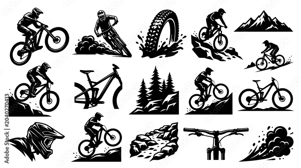 Obraz premium Black and White Vector Icons of Mountain Bikers and Bikes, Extreme Sports