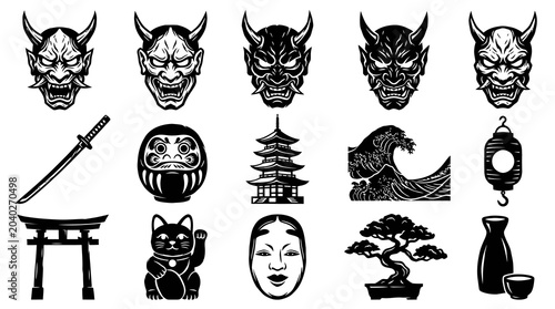 Japanese Oni Masks, Katana, Daruma, Pagoda, Wave, Lantern, Cat, Face, Tree, Vase