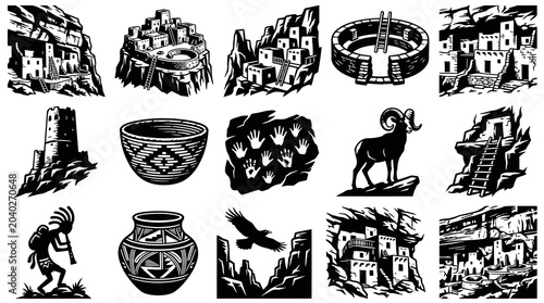 Black and White Native American Cliff Dwellings, Pottery, and Ram Icon Set