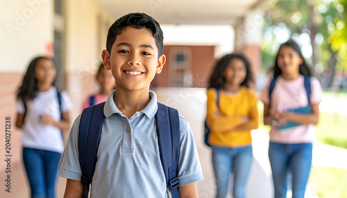 Smiling young boy with backpack walking in school hallway with friends behind, education concept