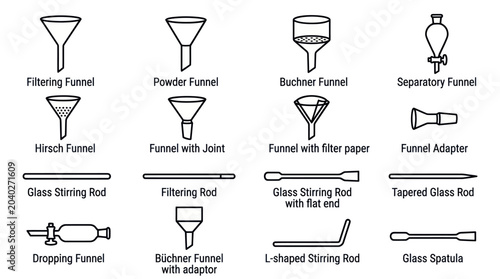 Fotografía Comprehensive set of labeled laboratory glassware icons.