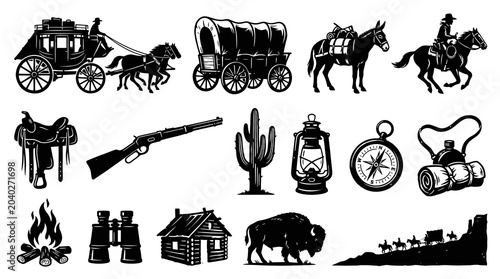 Wild West Icons: Cowboy Horse Wagon Rifle Compass Buffalo Black  White Vector Art